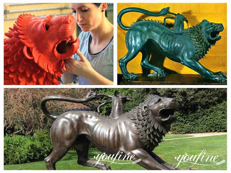 different colors of fire-breathing three monster statues
