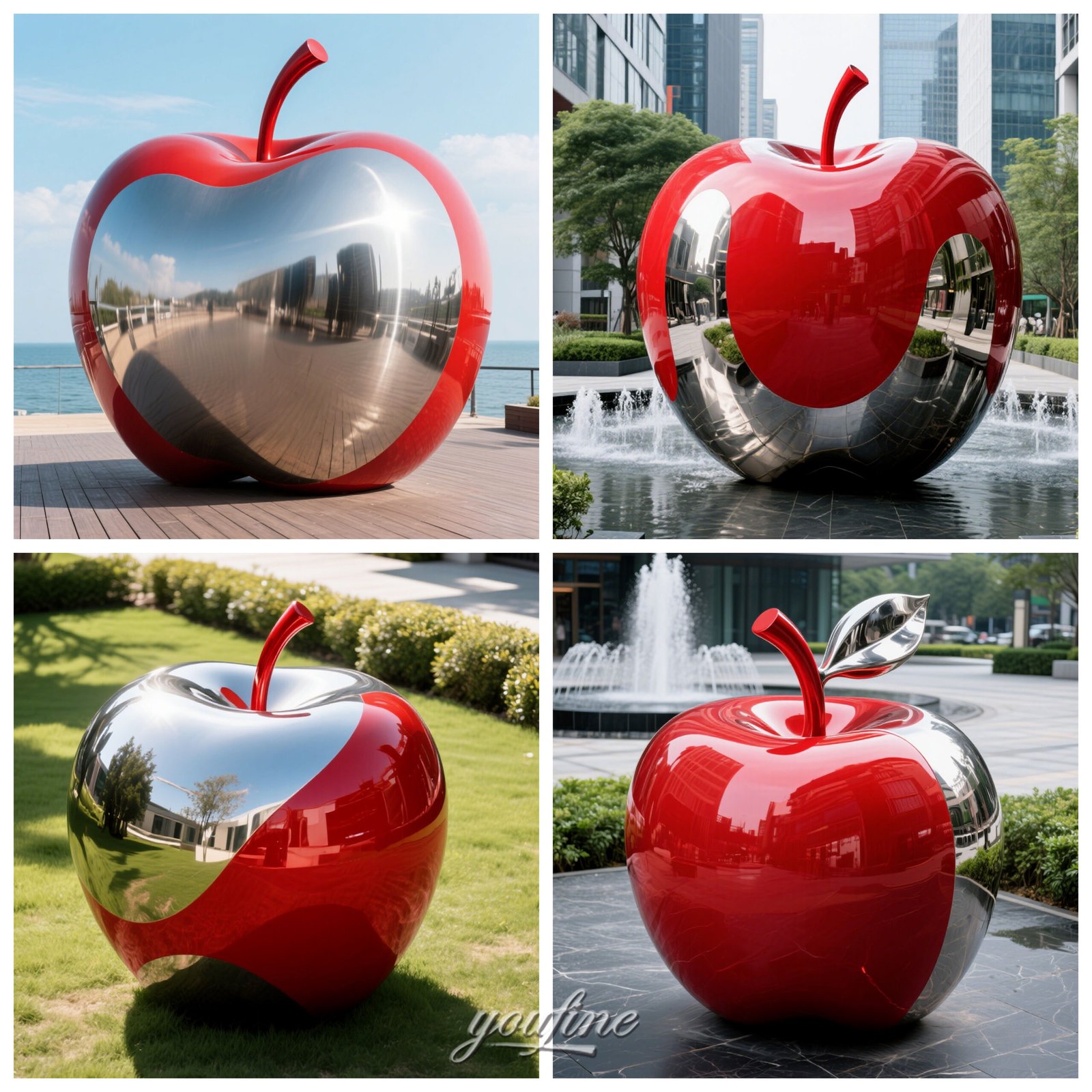 large Stainless Steel Red Apple Sculpture