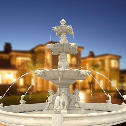 Outdoor Large 3 Tiers Stone Fountains With Four Sitting Lion Statues Surround