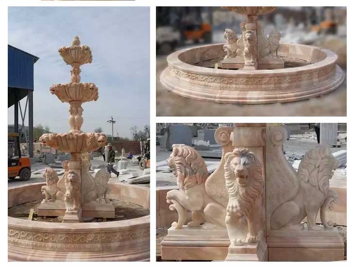 Outdoor Large 3 Tiers Stone Fountains With Four Sitting Lion Sculptures