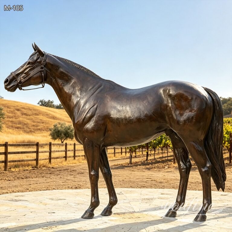 large bronze horse sculpture in farm