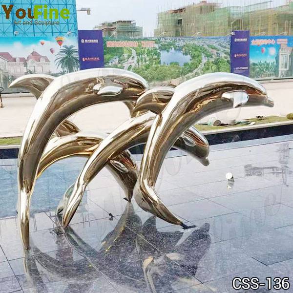Landscape Large Golden Stainless Steel Dolphin Sculptures for Sale CSS-136