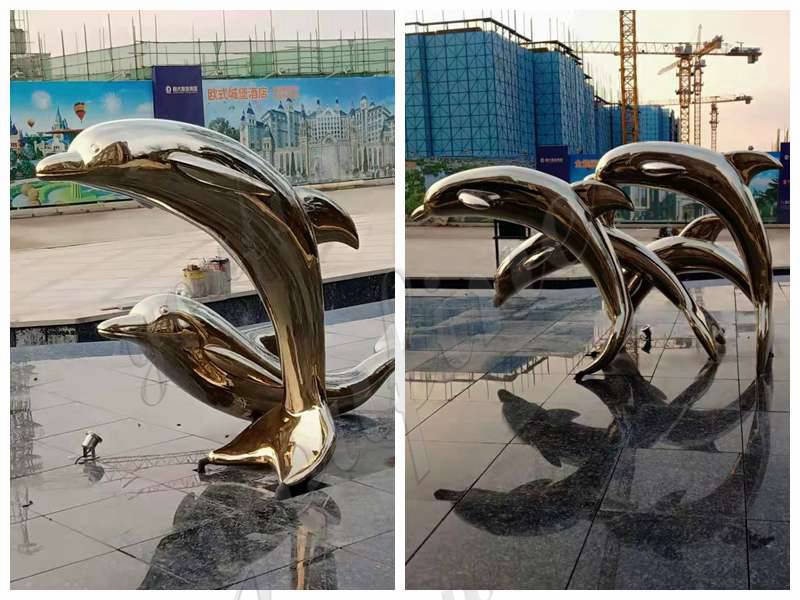 Large Golden Stainless Steel Dolphin Sculptures