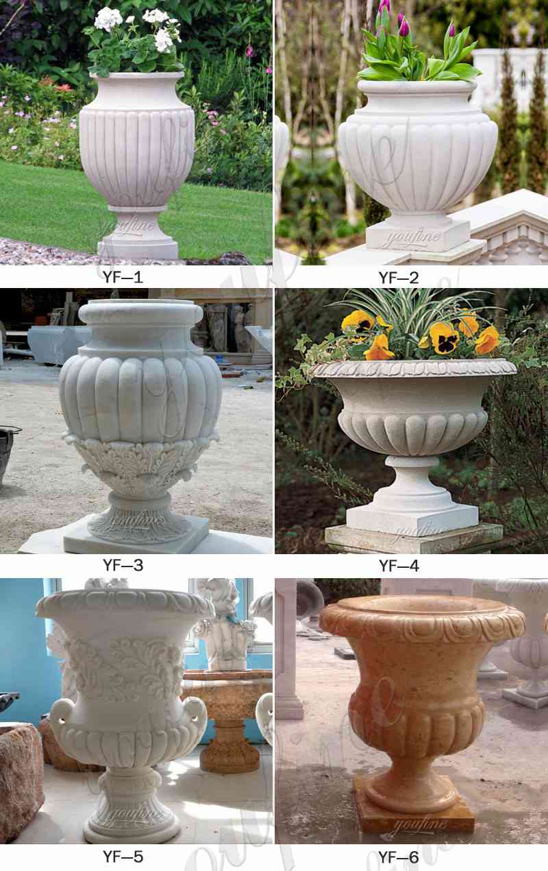 factory supply life size easy designs outdoor white marble garden flower pots with round deep basin for sale on discount