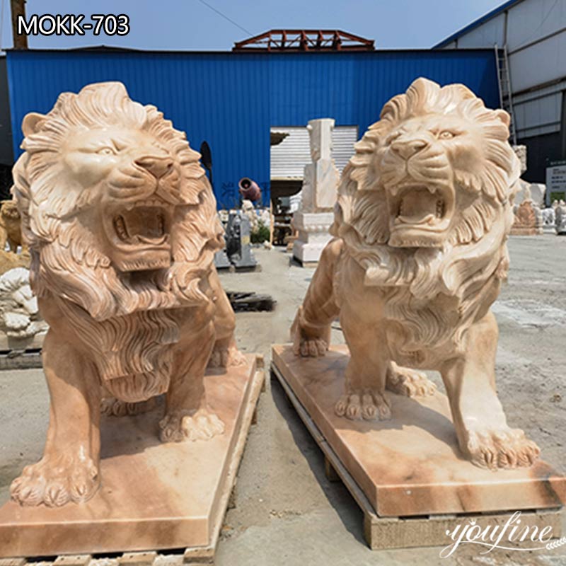 Beige Marble Lion Statues for Gate Decoration for Sale MOKK-703