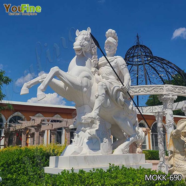 Large White Marble Warrior Statue with Horse Outdoor Decor for Sale  MOKK-690