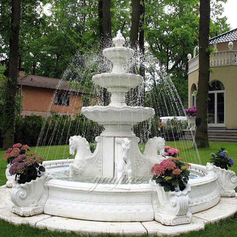3 Tiered Outdoor Marble Water Fountains With Horses Sculpture for Sale