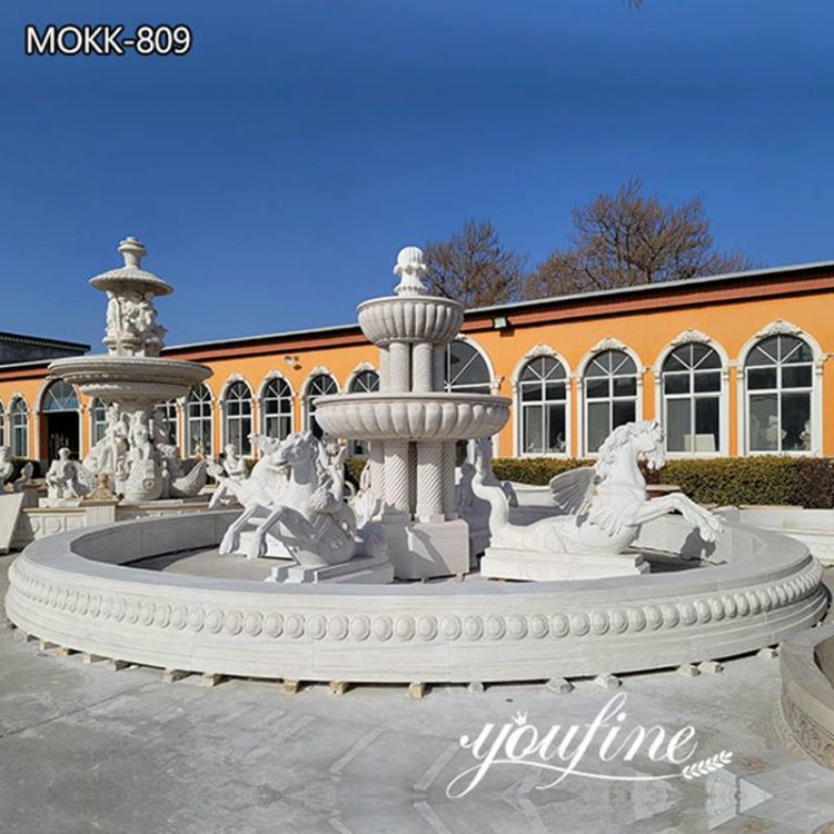 Large Marble Column Water Fountain with Winged Horse Statues for Sale  MOKK-809