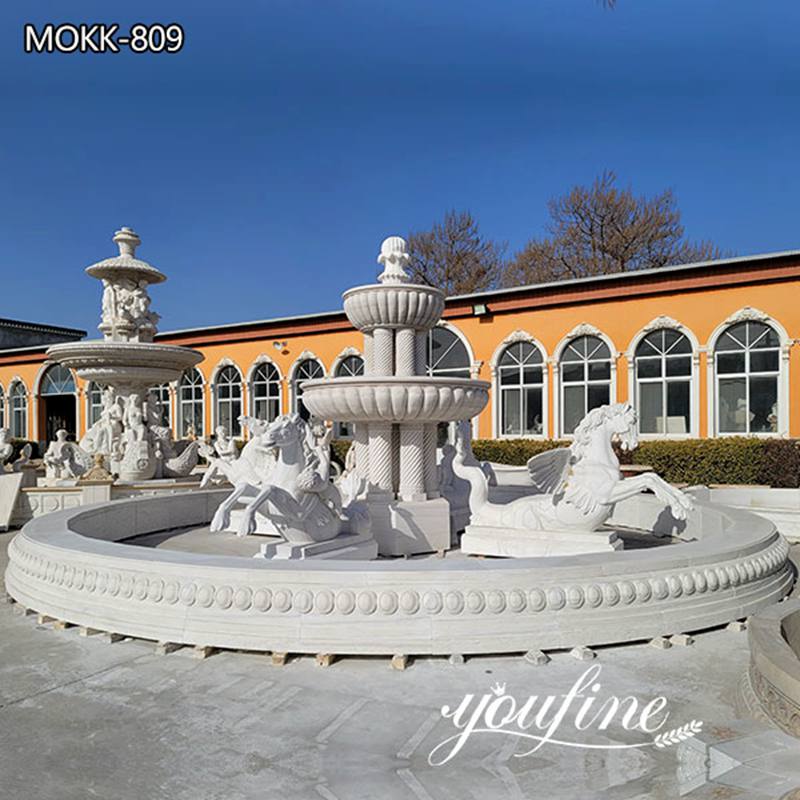 Large Marble Column Water Fountain with Winged Horse Statues for Sale