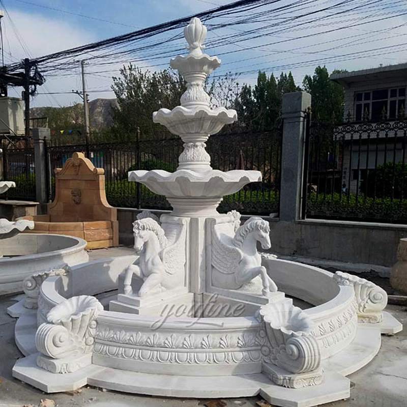 3 Tiered Outdoor Marble Water Fountains With Horses Sculpture for Sale