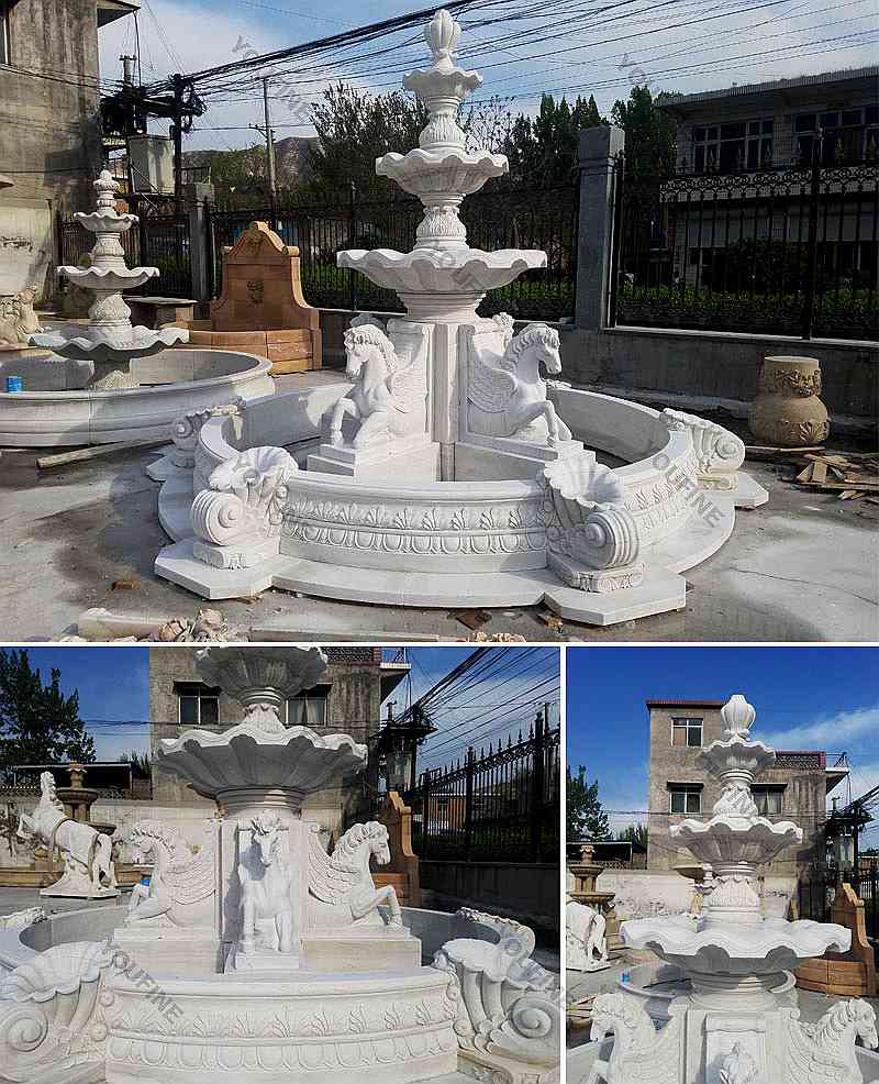 3 Tiered Outdoor Marble Water Fountains With Horses Sculpture for Sale