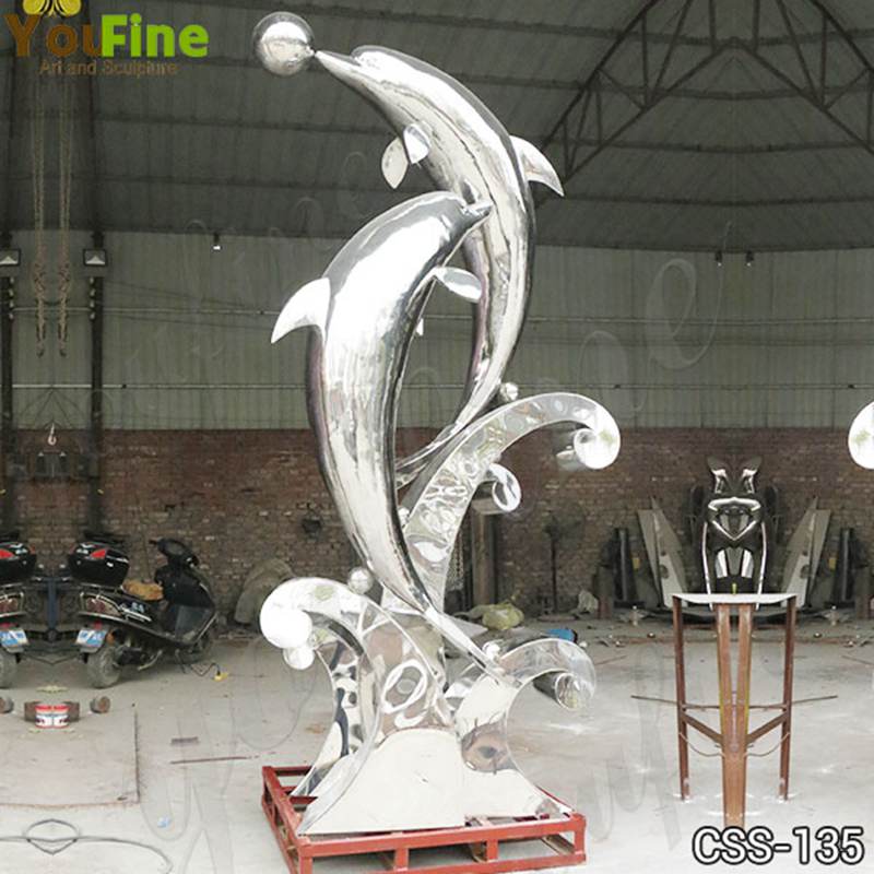 Cute Mirror Stainless Steel Dolphin Playing Ball Sculpture for Sale CSS-135