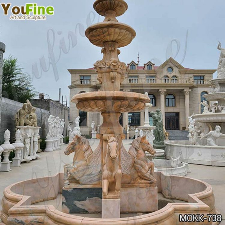 Antique Outdoor Beige Marble Fountain with Horses Garden Decor for Sale MOKK-738