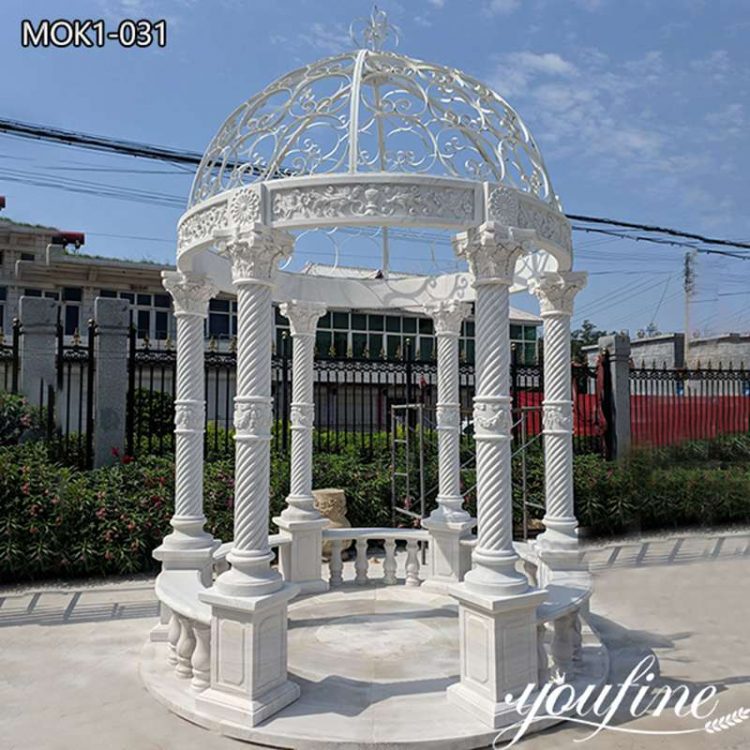 White Marble Gazebo with Beautiful Flower Carvings for Sale MOK1-030