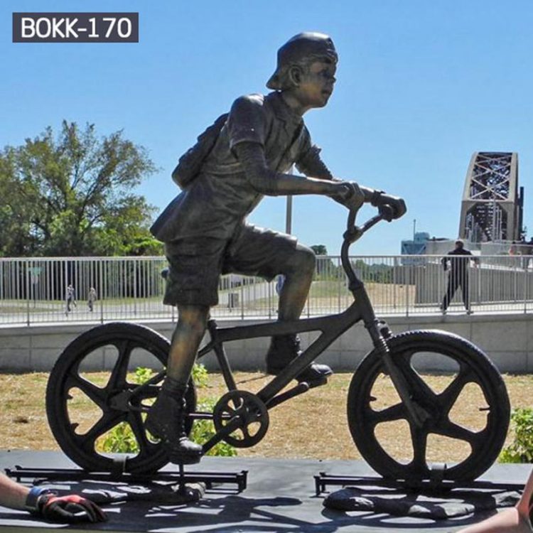 Life Size Bronze Bicycle Sculpture Biking Boy Statue BOKK-170