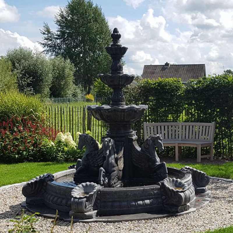 life size outdoor three tiered marble fountain with horse statues for backyard decor on hot selling
