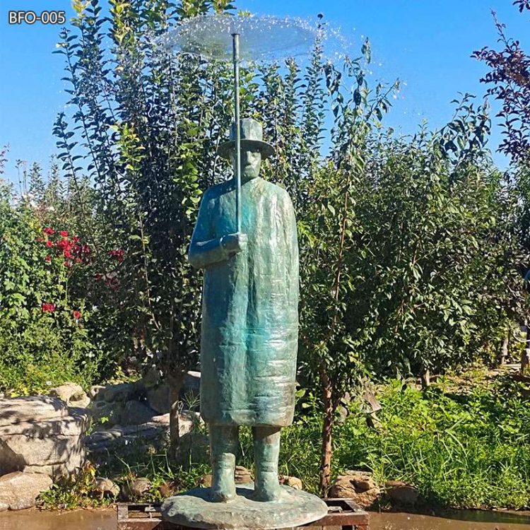 Bronze Umbrella Man Statue Outdoor Fountain