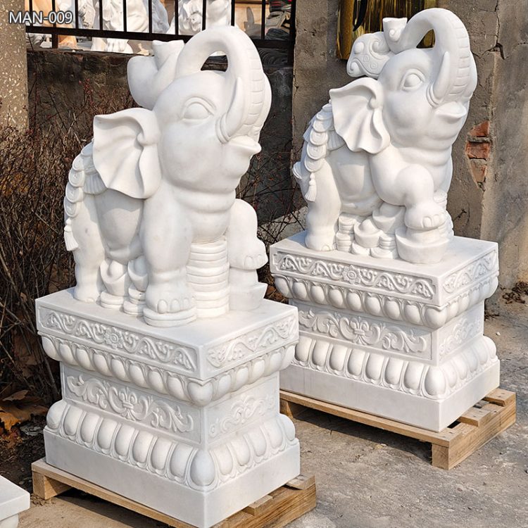 White Hand Carved Marble Elephant for Sale