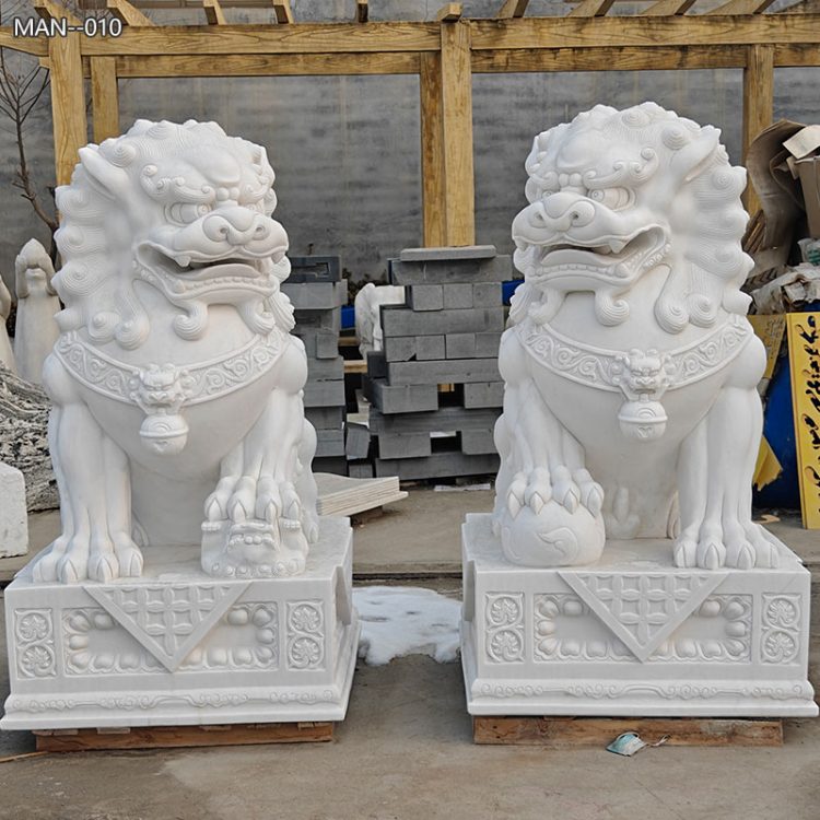 White Hand Carved Marble Foo Dogs for Sale