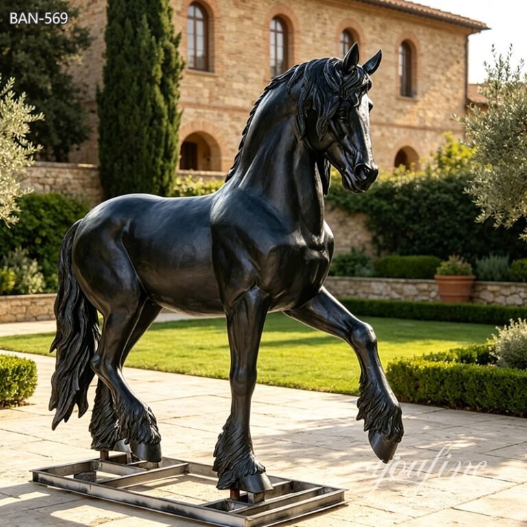 Friesian horse statue in yard